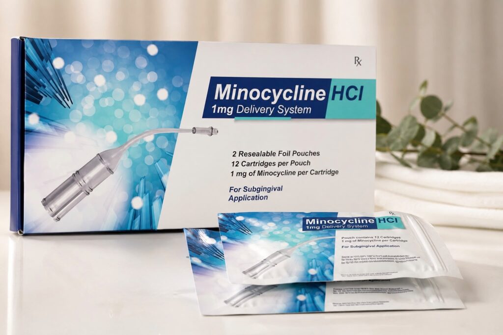 Minocycline HCl 1 mg Delivery System product box with two resealable foil pouches