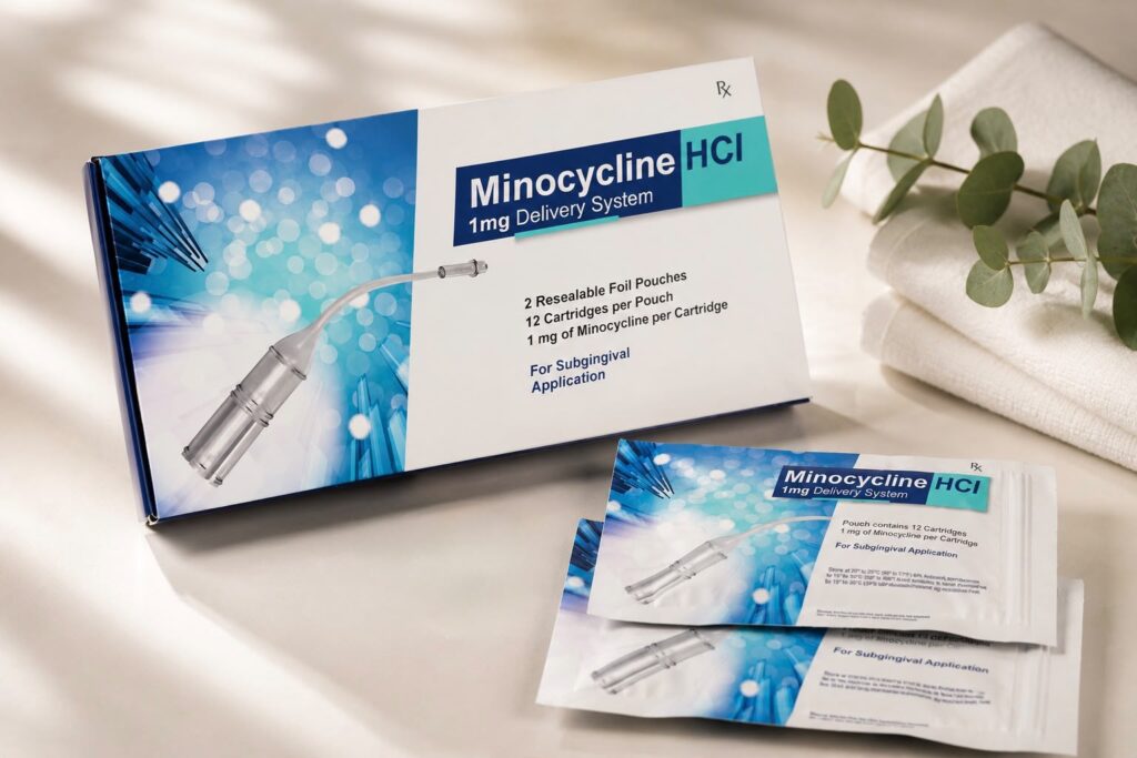 Minocycline HCl 1 mg Delivery System box with two resealable foil pouches