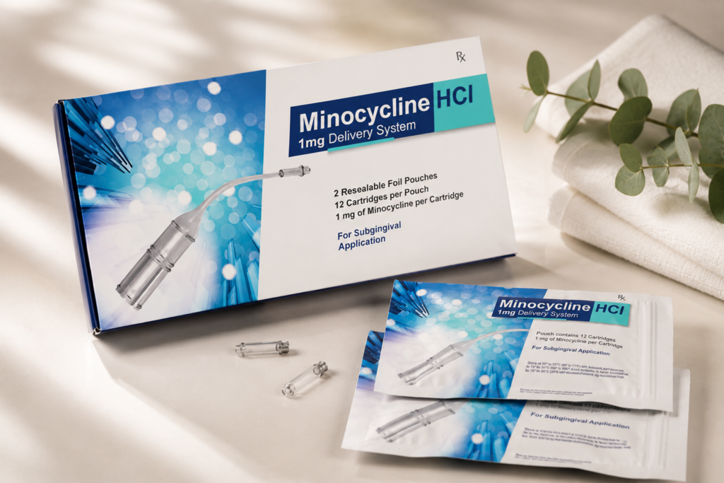 Minocycline HCl 1 mg Delivery System product box with foil pouches and cartridges